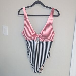 J. Crew Factory Red and White Striped Twist-Front One-Piece